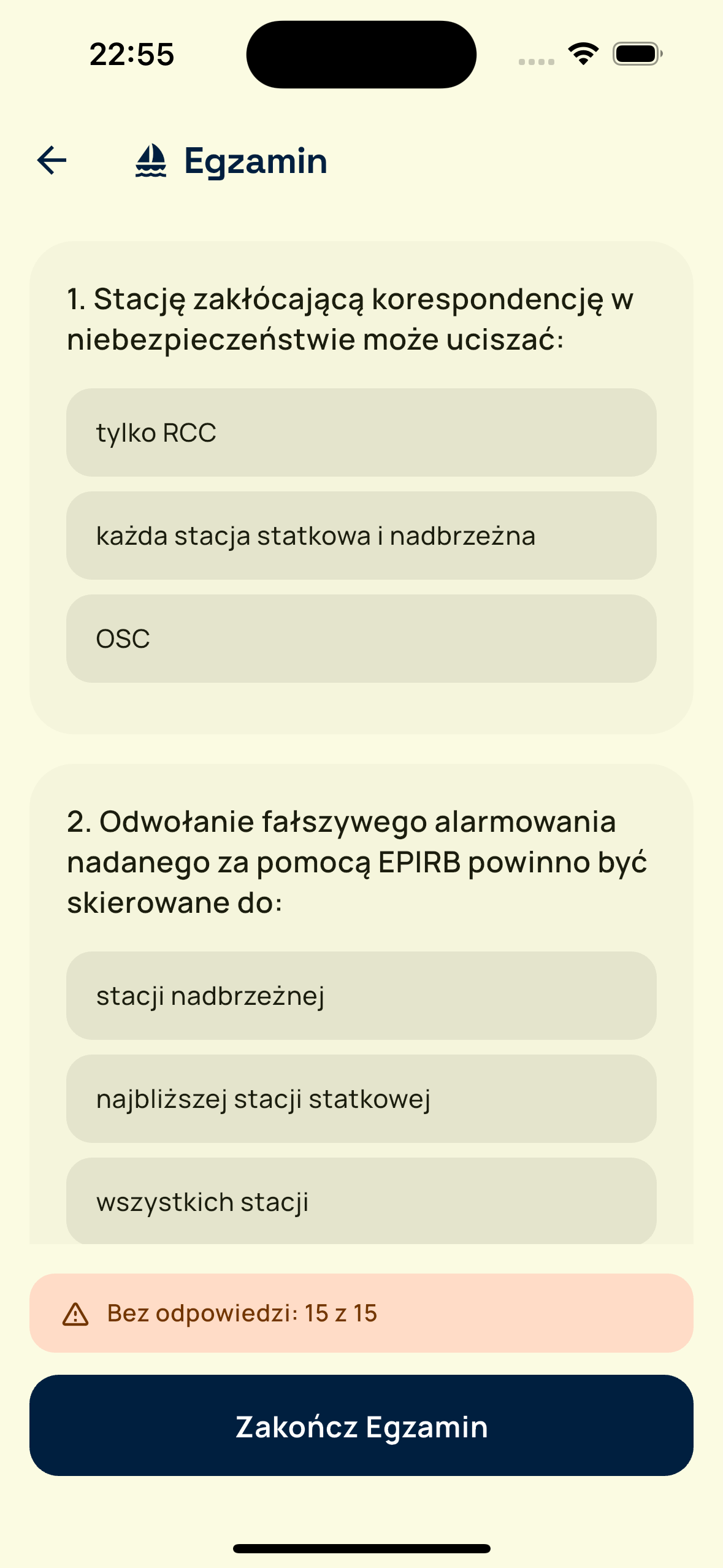 Exam mode in Egzamin SRC, showing a question with four answers