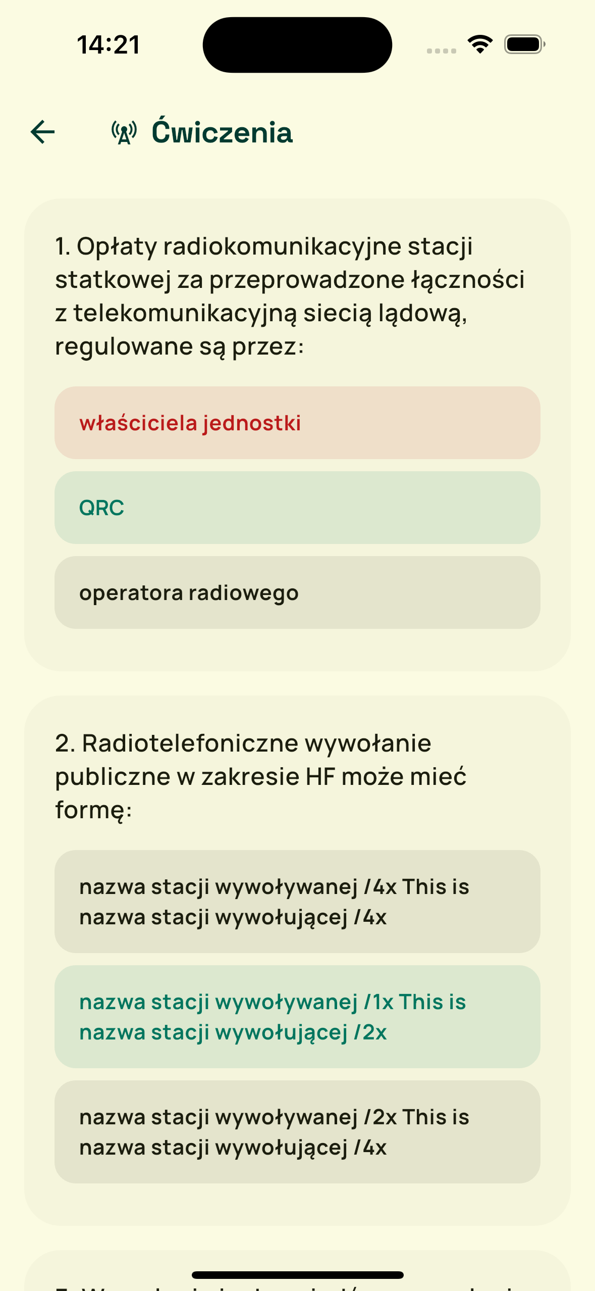 Practice mode in Egzamin LRC, with an answer marked correct