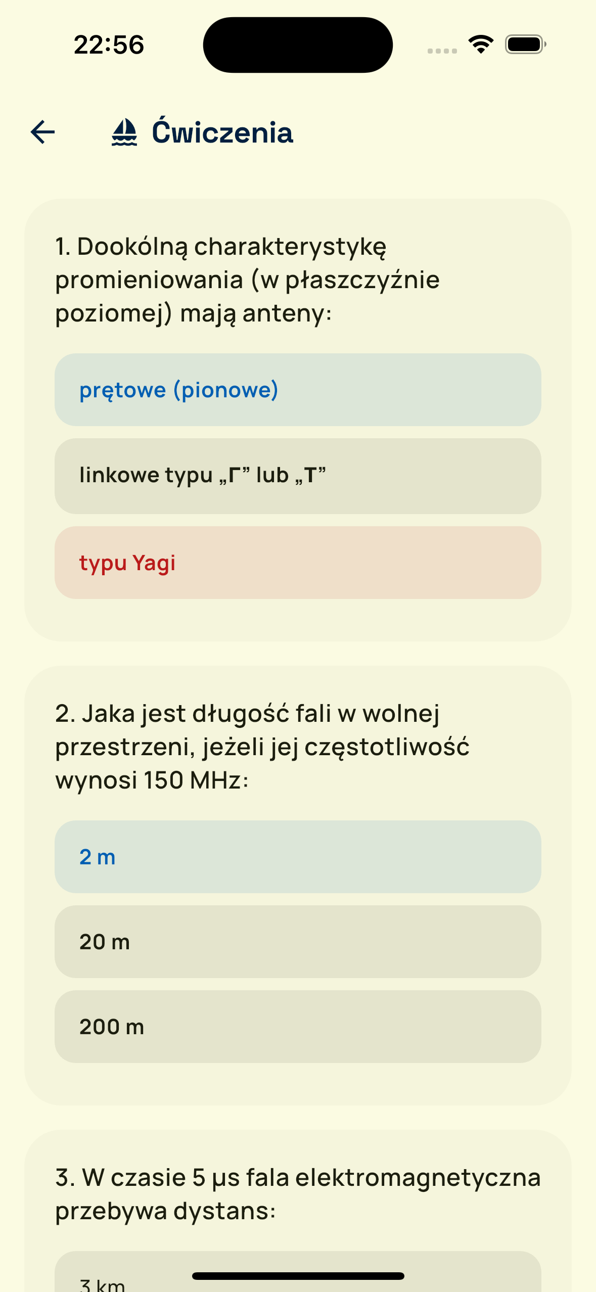 Practice mode in Egzamin SRC, with an answer marked correct