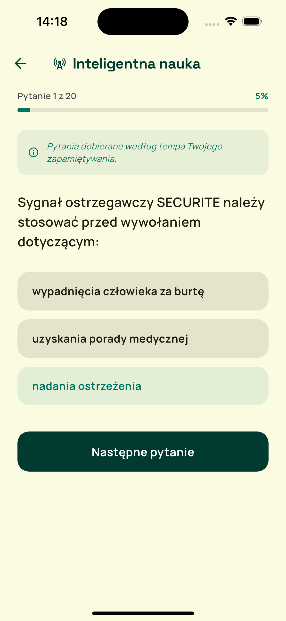 A Smart Learning session in Egzamin LRC, showing question 1 of 20