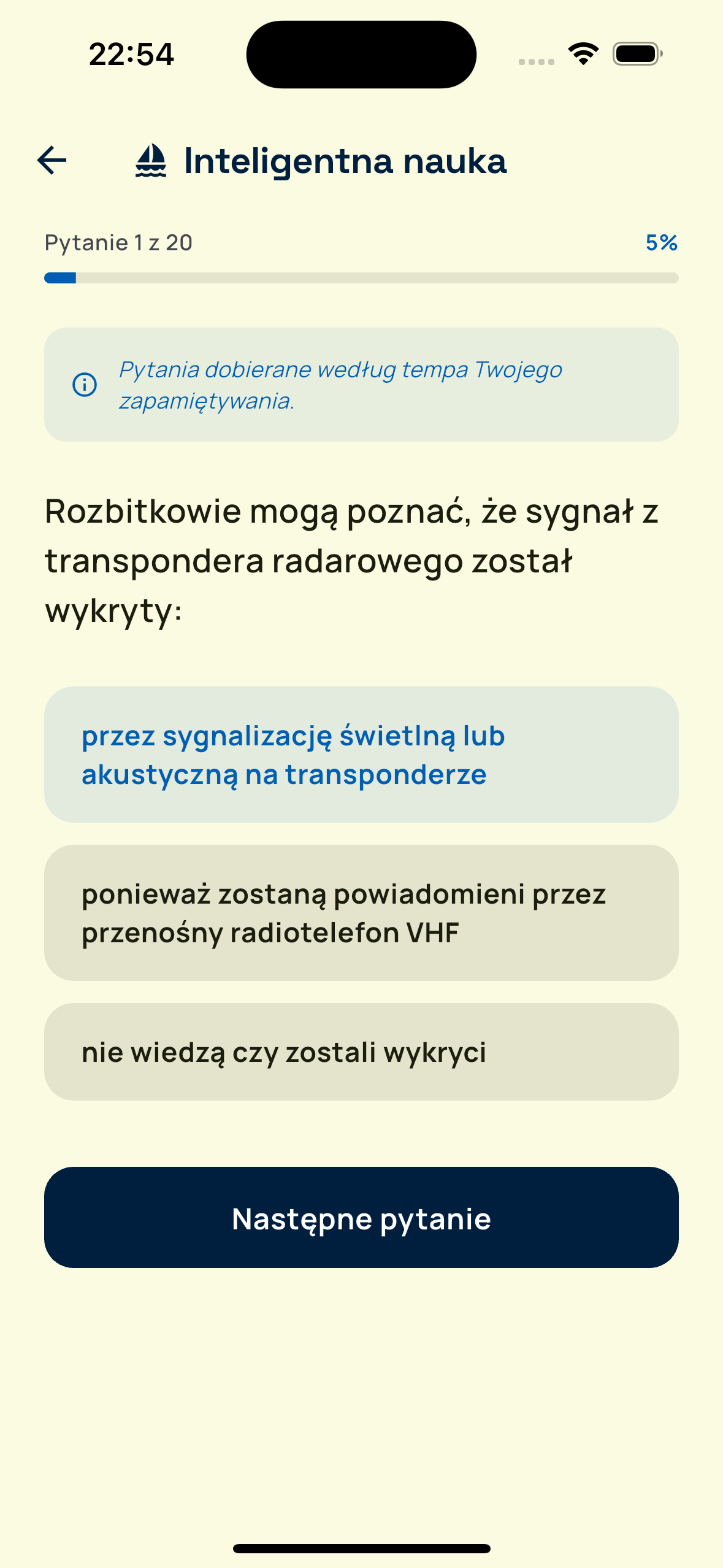 A Smart Learning session in Egzamin SRC, showing question 1 of 20