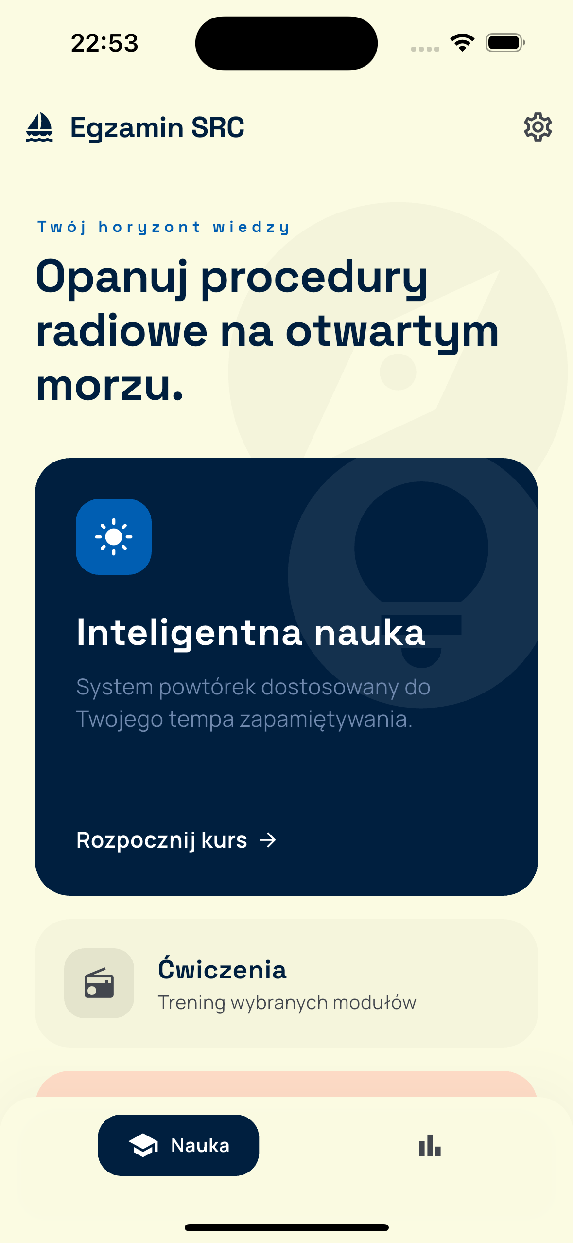 The Egzamin SRC home screen, with the Smart Learning card and the study modes